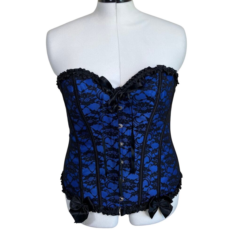 Women Blue and Black Lace Corset Lace Up Bustier Waist Cincher Victorian Gothic